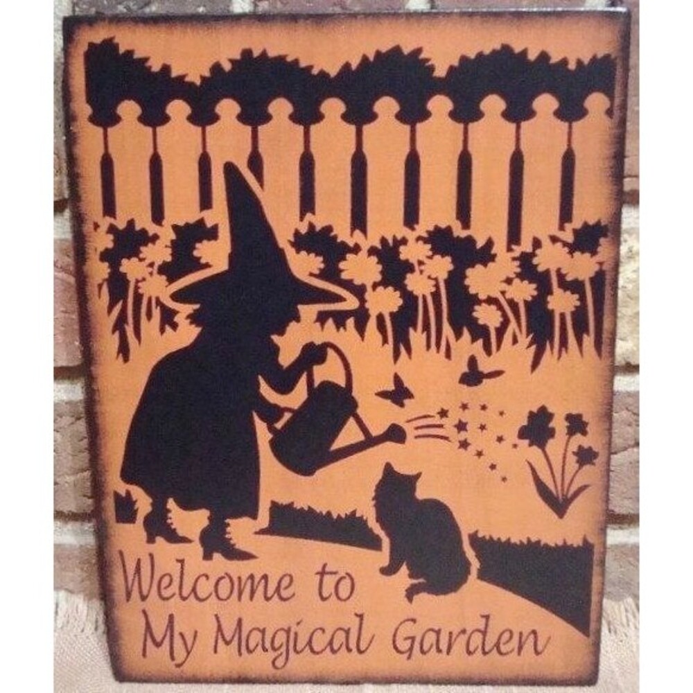 Primitive witch Welcome to Magic Garden wood sign witchcraft cats cozy Fall deco